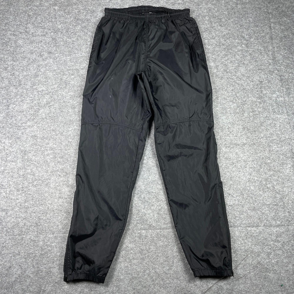 Vintage Nike Track Pants Mens L Black Windbreaker Zipper Cuffs Swoosh Nylon Y2K